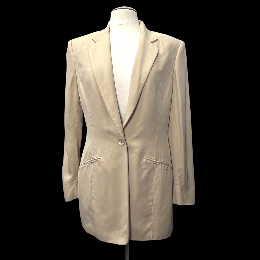 Liz Claiborne Women Butter Beige Silk Long Line Jacket Blazer 12 Preppy Hipster